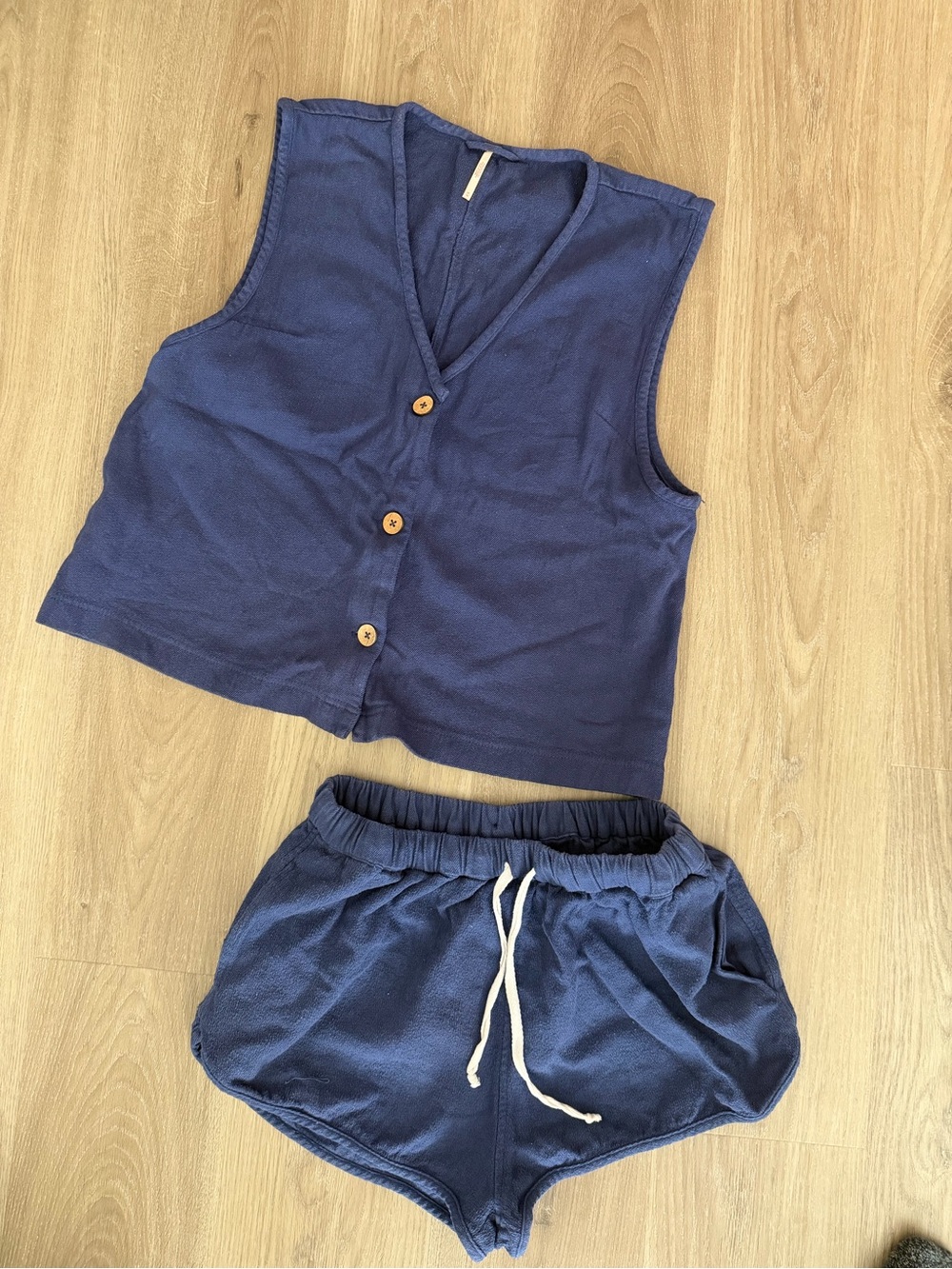Free People So Fresh Set Navy Blue Buttoned Knit Vest and Drawstring Shorts Set
